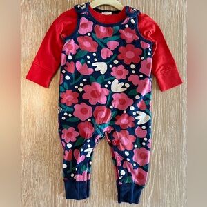 Hanna Andersson Red and Blue Floral Kids Tee and Overall Matching Set